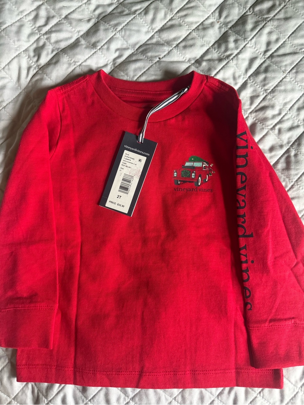 Vineyard Vines Kids Bright Red Long Sleeve Tee with Christmas Truck Graphic